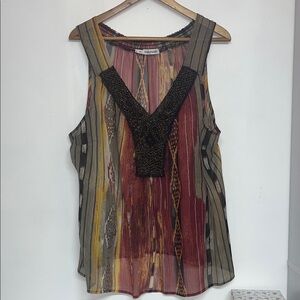 Maurices 2X Women’s Multi Color Sheer Sleeveless Blouse w/ Brown Beaded Accents